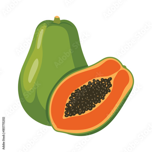 Fresh ripe papaya fruit isolated on white background, featuring a juicy orange half with black seeds and a tasty slice of this exotic tropical pawpaw for a healthy raw food diet
