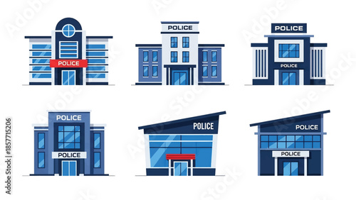 Modern vector illustration of police station buildings in various architectural styles, isolated on white background, solid colors, ideal for safety and law enforcement visuals