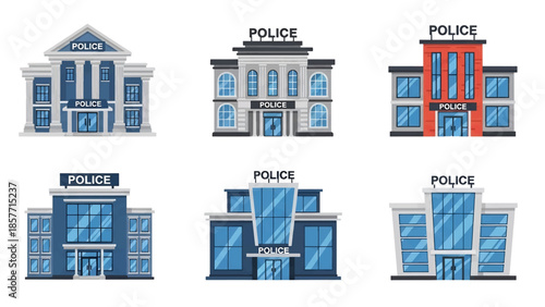 Modern vector illustration of police station buildings in various architectural styles, isolated on white background, solid colors, ideal for safety and law enforcement visuals