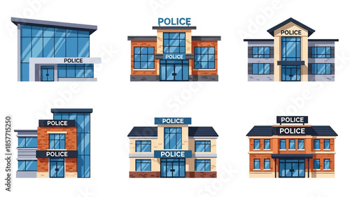 Modern vector illustration of police station buildings in various architectural styles, isolated on white background, solid colors, ideal for safety and law enforcement visuals