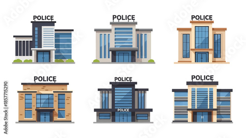 Modern vector illustration of police station buildings in various architectural styles, isolated on white background, solid colors, ideal for safety and law enforcement visuals