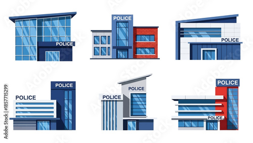 Modern vector illustration of police station buildings in various architectural styles, isolated on white background, solid colors, ideal for safety and law enforcement visuals