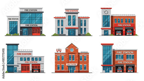 Modern vector illustration set of fire station buildings in different architectural styles, isolated on white background, solid colors, ideal for emergency and safety design