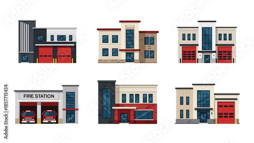 Modern vector illustration set of fire station buildings in different architectural styles, isolated on white background, solid colors, ideal for emergency and safety design