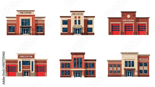 Modern vector illustration set of fire station buildings in different architectural styles, isolated on white background, solid colors, ideal for emergency and safety design