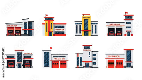 Modern vector illustration set of fire station buildings in different architectural styles, isolated on white background, solid colors, ideal for emergency and safety design