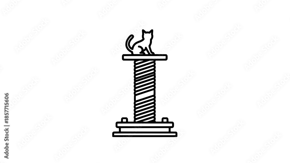 Fototapeta premium Line-art icon of a cat perched on a scratching post with base platform - vector outline illustration