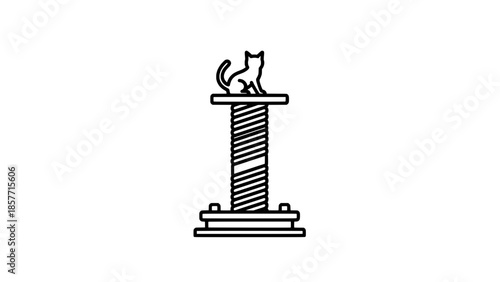 Line-art icon of a cat perched on a scratching post with base platform - vector outline illustration