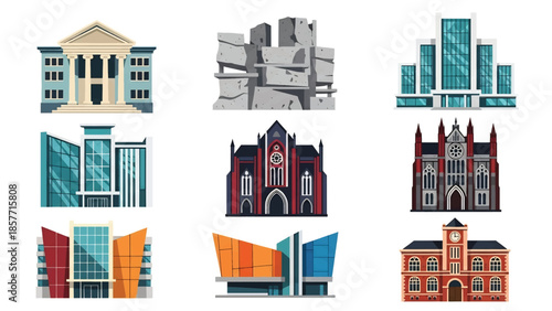 Modern vector illustration set of university buildings in different architectural styles, isolated on white background, solid colors, ideal for higher education visuals