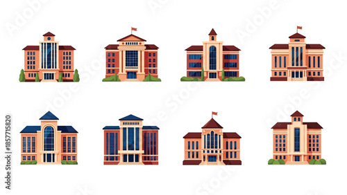 Modern vector illustration set of university buildings in different architectural styles, isolated on white background, solid colors, ideal for higher education visuals