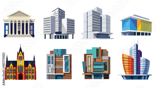Modern vector illustration set of university buildings in different architectural styles, isolated on white background, solid colors, ideal for higher education visuals