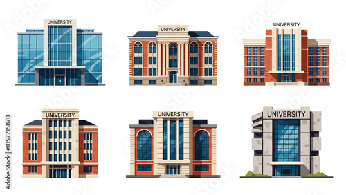 Modern vector illustration set of university buildings in different architectural styles, isolated on white background, solid colors, ideal for higher education visuals