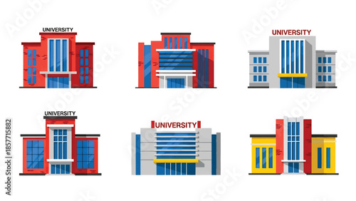 Modern vector illustration set of university buildings in different architectural styles, isolated on white background, solid colors, ideal for higher education visuals