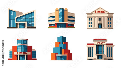 Modern vector illustration of public library buildings in various architectural styles, isolated on white background, solid colors, ideal for education and knowledge themes