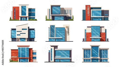 Modern vector illustration of public library buildings in various architectural styles, isolated on white background, solid colors, ideal for education and knowledge themes