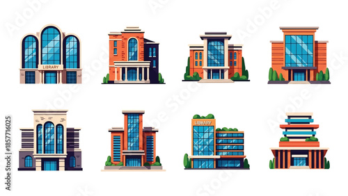 Modern vector illustration of public library buildings in various architectural styles, isolated on white background, solid colors, ideal for education and knowledge themes