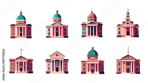 Modern vector illustration set of courthouse buildings in different architectural styles, isolated on white background, solid colors, ideal for law and justice visuals
