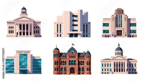 Modern vector illustration set of courthouse buildings in different architectural styles, isolated on white background, solid colors, ideal for law and justice visuals