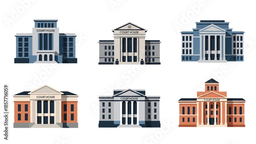 Modern vector illustration set of courthouse buildings in different architectural styles, isolated on white background, solid colors, ideal for law and justice visuals