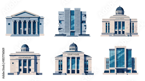 Modern vector illustration set of courthouse buildings in different architectural styles, isolated on white background, solid colors, ideal for law and justice visuals