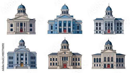 Modern vector illustration set of courthouse buildings in different architectural styles, isolated on white background, solid colors, ideal for law and justice visuals