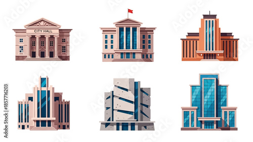 Modern vector illustration of city hall buildings in various architectural styles, isolated on white background, solid colors, ideal for government and civic design