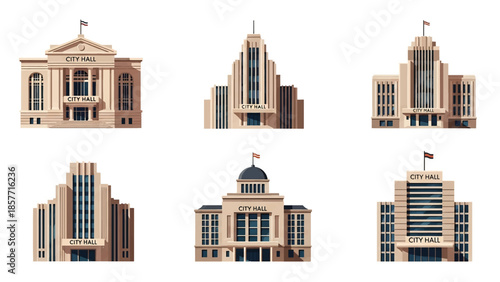 Modern vector illustration of city hall buildings in various architectural styles, isolated on white background, solid colors, ideal for government and civic design