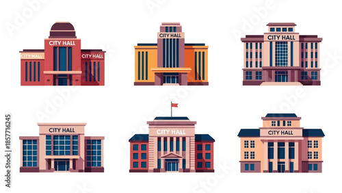 Modern vector illustration of city hall buildings in various architectural styles, isolated on white background, solid colors, ideal for government and civic design