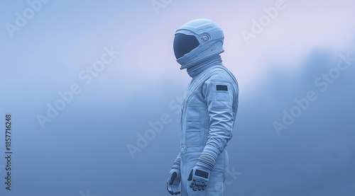 Side profile of a futuristic astronaut explorer surrounded by mysterious blue mist and fog.