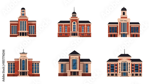 Modern vector illustration of city hall buildings in various architectural styles, isolated on white background, solid colors, ideal for government and civic design
