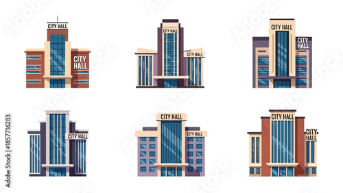 Modern vector illustration of city hall buildings in various architectural styles, isolated on white background, solid colors, ideal for government and civic design
