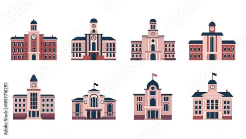 Modern vector illustration of city hall buildings in various architectural styles, isolated on white background, solid colors, ideal for government and civic design