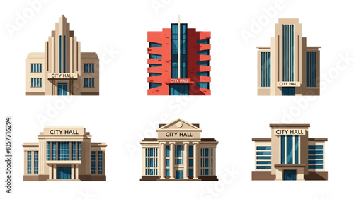 Modern vector illustration of city hall buildings in various architectural styles, isolated on white background, solid colors, ideal for government and civic design
