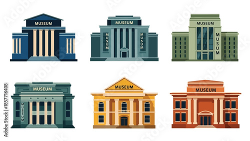 Modern vector illustration set of museum buildings in various architectural styles, isolated on white background, solid colors, ideal for culture and tourism visuals