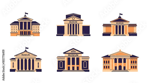 Modern vector illustration set of museum buildings in various architectural styles, isolated on white background, solid colors, ideal for culture and tourism visuals