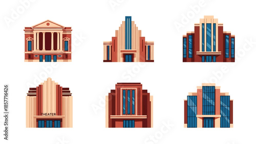Modern vector illustration of theater buildings in different architectural styles, isolated on white background, solid colors, ideal for entertainment and culture graphics