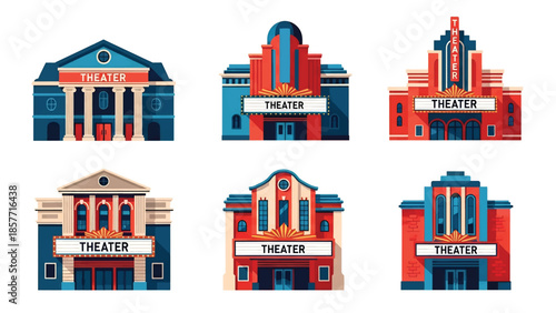 Modern vector illustration of theater buildings in different architectural styles, isolated on white background, solid colors, ideal for entertainment and culture graphics