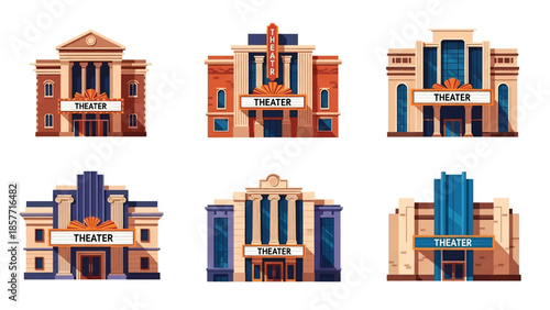 Modern vector illustration of theater buildings in different architectural styles, isolated on white background, solid colors, ideal for entertainment and culture graphics