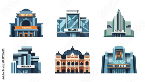 Modern vector illustration of theater buildings in different architectural styles, isolated on white background, solid colors, ideal for entertainment and culture graphics