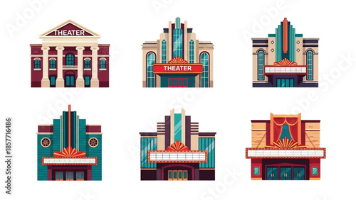 Modern vector illustration of theater buildings in different architectural styles, isolated on white background, solid colors, ideal for entertainment and culture graphics