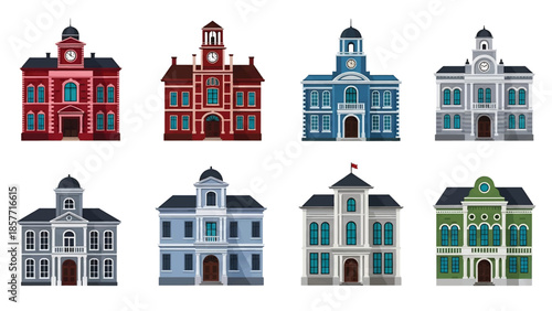 Modern vector illustration set of town hall buildings in different architectural styles, isolated on white background, solid colors, ideal for local government visuals