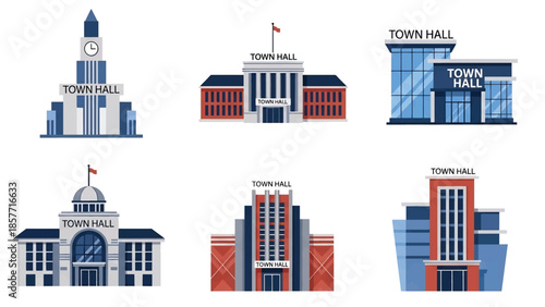 Modern vector illustration set of town hall buildings in different architectural styles, isolated on white background, solid colors, ideal for local government visuals