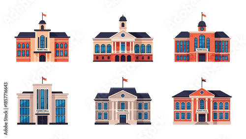 Modern vector illustration set of town hall buildings in different architectural styles, isolated on white background, solid colors, ideal for local government visuals