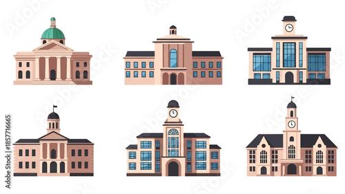 Modern vector illustration set of town hall buildings in different architectural styles, isolated on white background, solid colors, ideal for local government visuals