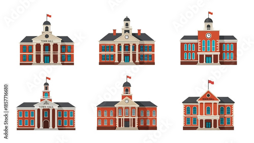 Modern vector illustration set of town hall buildings in different architectural styles, isolated on white background, solid colors, ideal for local government visuals