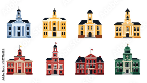 Modern vector illustration set of town hall buildings in different architectural styles, isolated on white background, solid colors, ideal for local government visuals