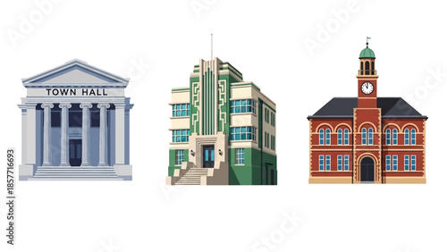 Modern vector illustration set of town hall buildings in different architectural styles, isolated on white background, solid colors, ideal for local government visuals