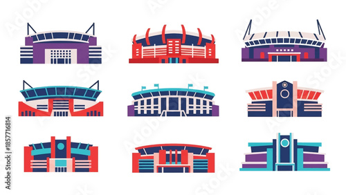 Modern vector illustration set of sports stadium buildings in various architectural styles, isolated on white background, solid colors, ideal for sports and events visuals