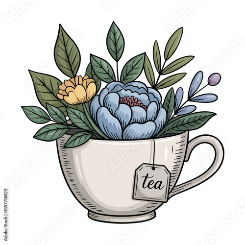 Vintage floral design featuring a seamless pattern of a pink rose and green leaf ornamenting a cup of coffee and tea for a summer nature illustration