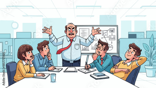 Angry Boss Scolding Employees in a Business Meeting.